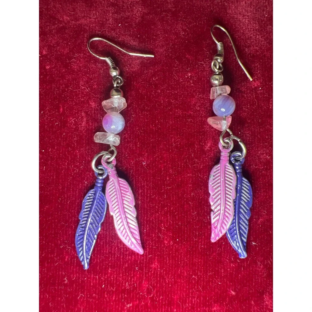 Boho Feather Earrings Pink Purple Beaded Dangle Drop Tribal‎ Festival